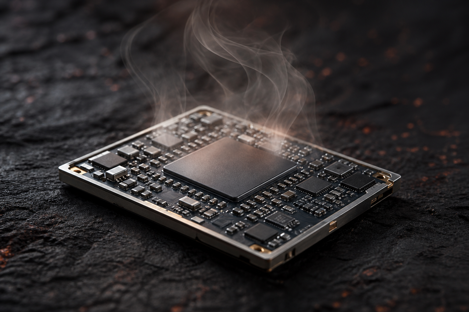 A conceptual editorial image showing a smartphone chip struggling under thermal stress, symbolizing the gap between raw compute power and practical usability.