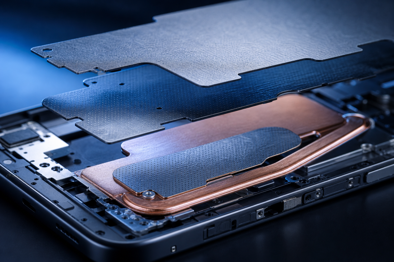 Close-up of high-tech smartphone internal cooling components
