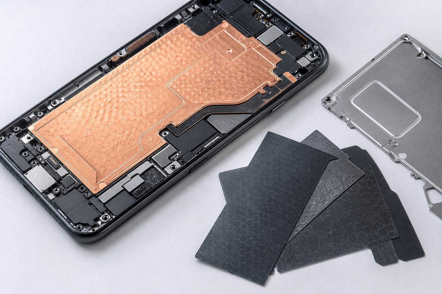 Cross-section of a smartphone revealing advanced liquid cooling and graphene layers
