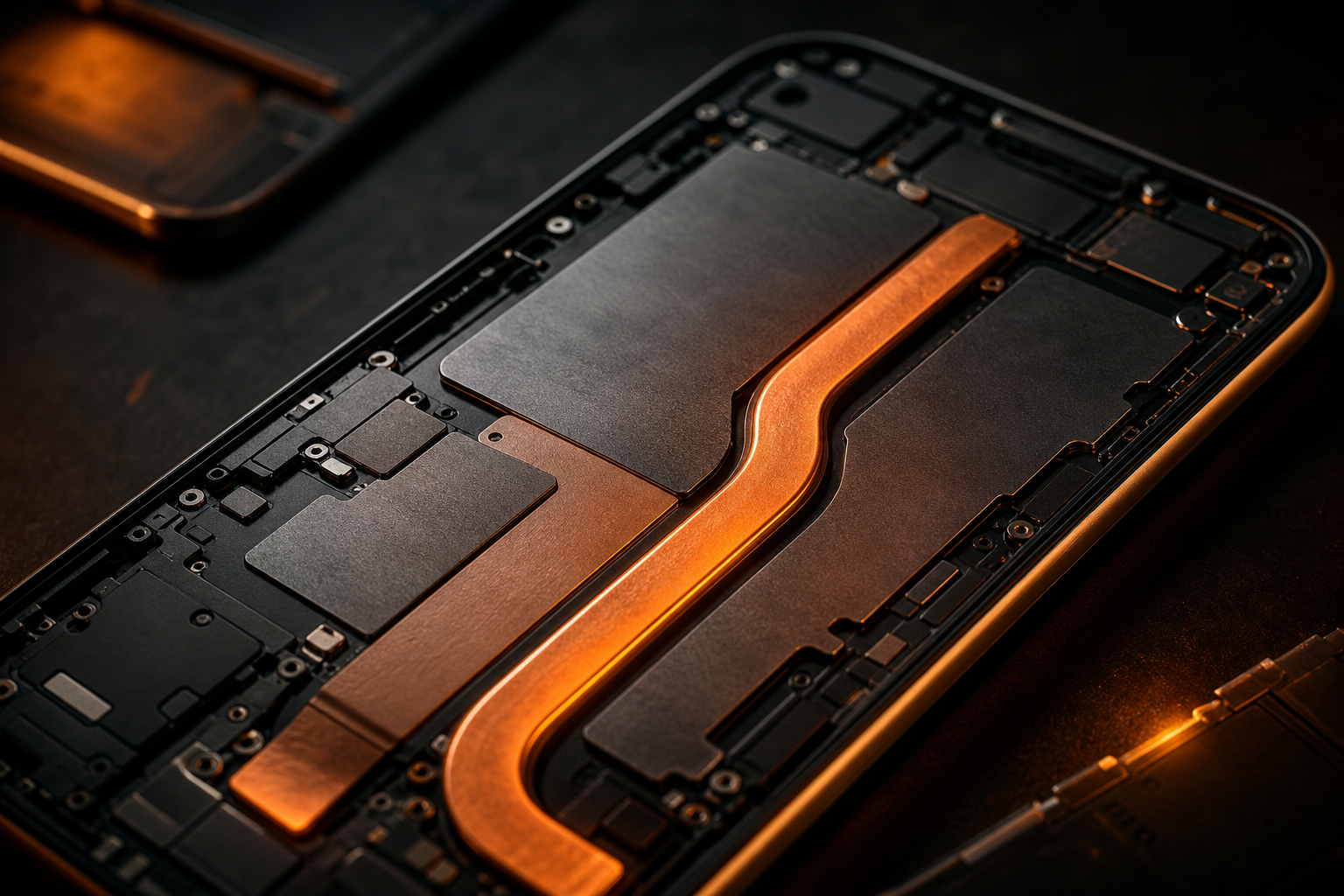 Close-up editorial shot of a smartphone chassis with visible cooling components and thermal visualization