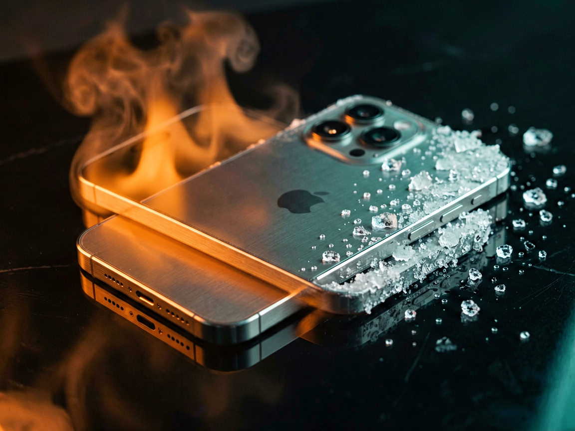 A conceptual editorial shot of a smartphone showing a contrast between glowing heat and crystalline frost.
