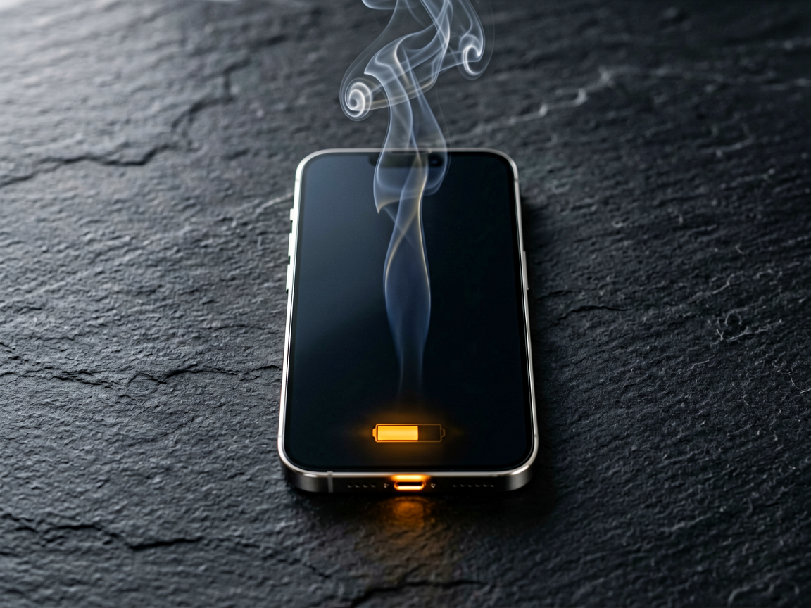 Close-up of a smartphone showing thermal stress and battery depletion
