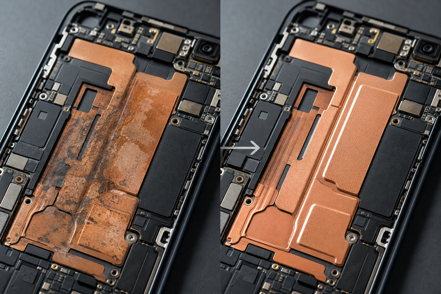 Close-up of a smartphone's internal heat dissipation structure
