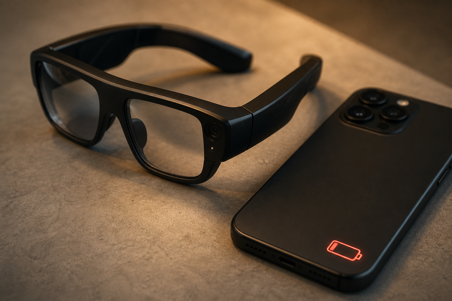A close-up of sleek smart glasses resting on a textured surface next to a smartphone displaying a low battery icon, emphasizing power consumption.