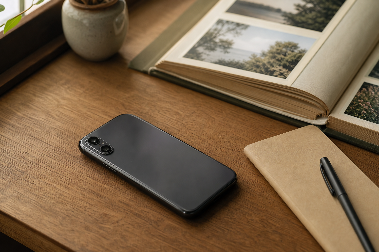 A smartphone resting on a wooden desk with a printed photo album and a notebook nearby, symbolizing on-device AI for photo search and input.