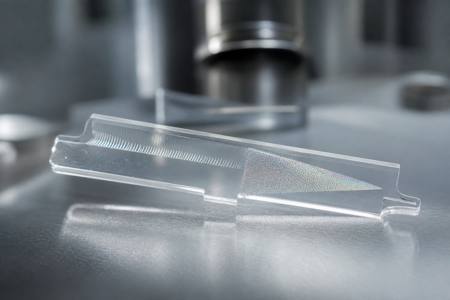 A detailed macro view of an optical waveguide component in a cleanroom setting.