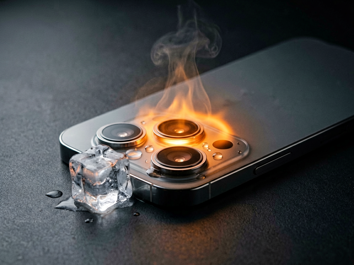 Thermal-vision style close-up of a smartphone camera lens glowing with heat, a small ice cube melting beside it.