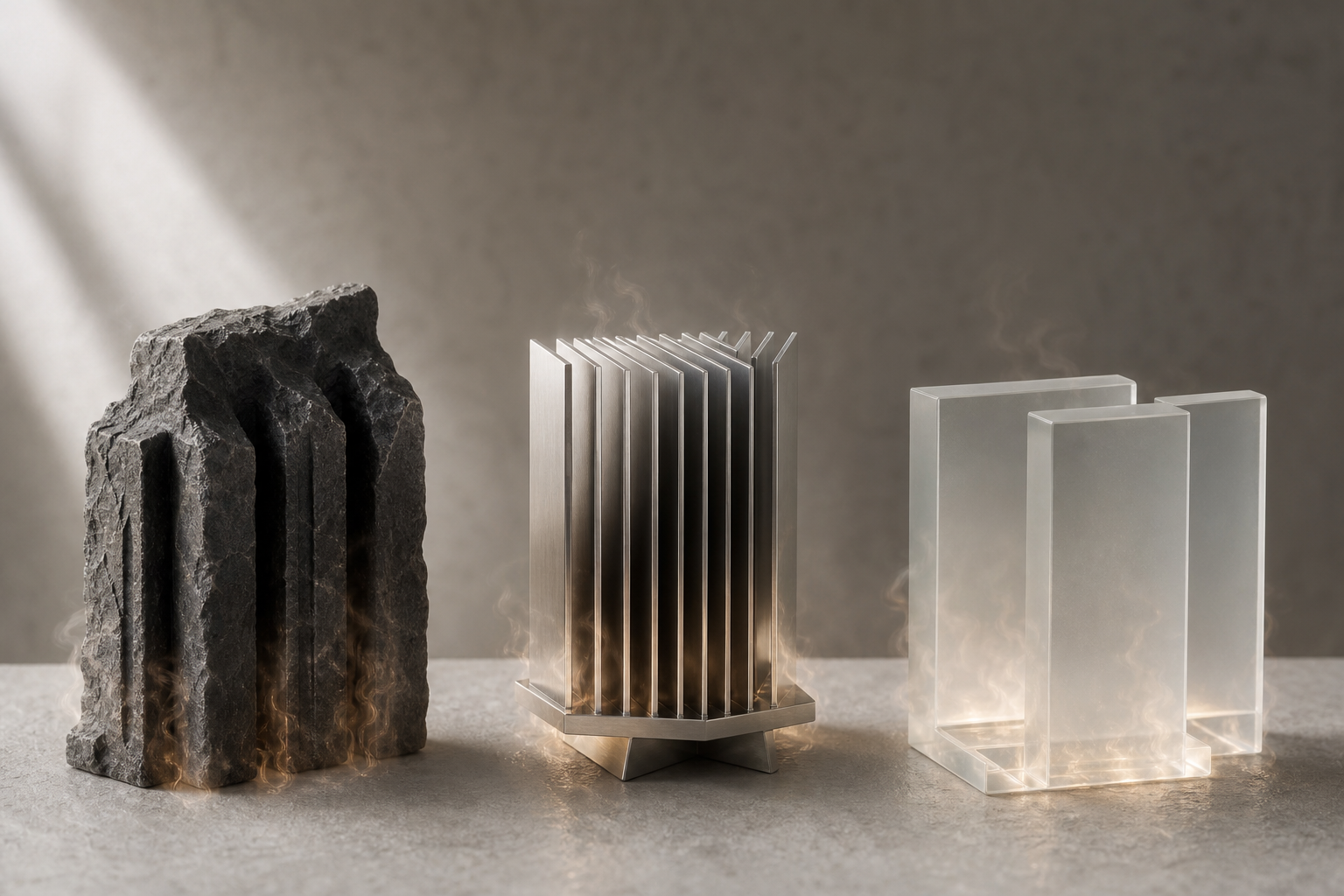 A conceptual editorial image showing three distinct, abstract geometric structures representing different chips, balanced on a scale against a backdrop of therm