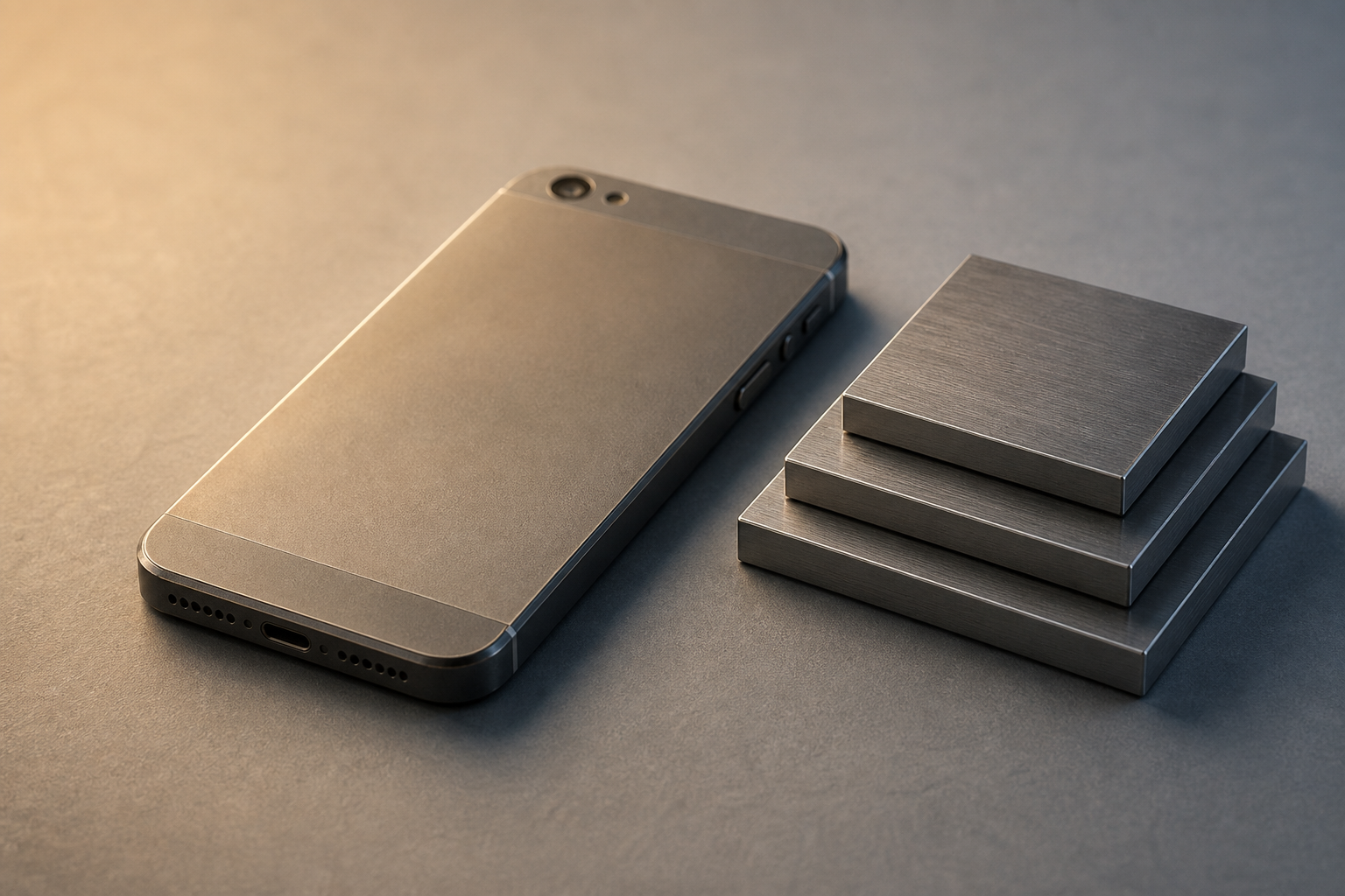An older smartphone resting on a clean desk surface, next to neatly stacked metal blocks symbolizing compressed model weights.