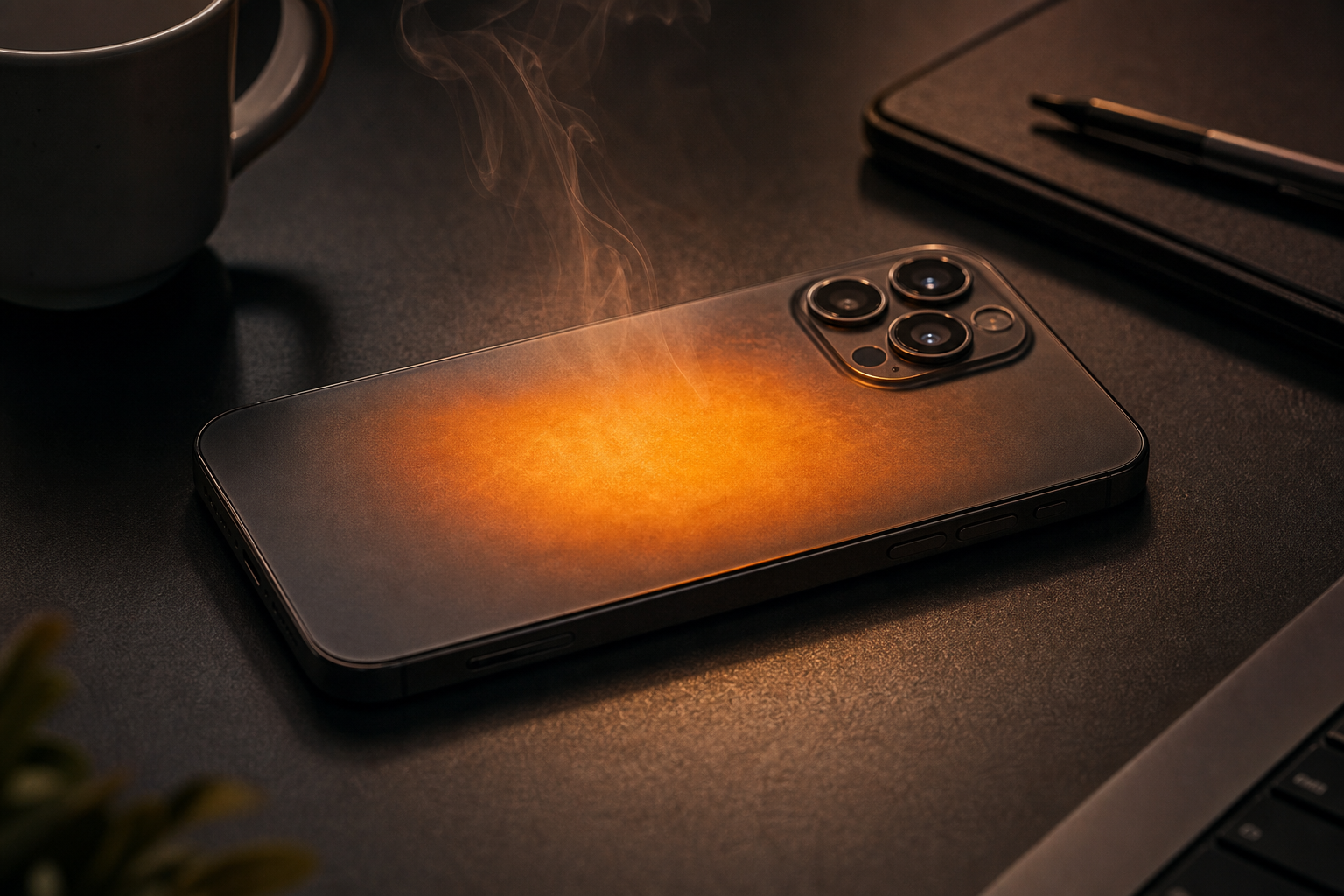 Smartphone back panel glowing with heat during long on-device AI inference.