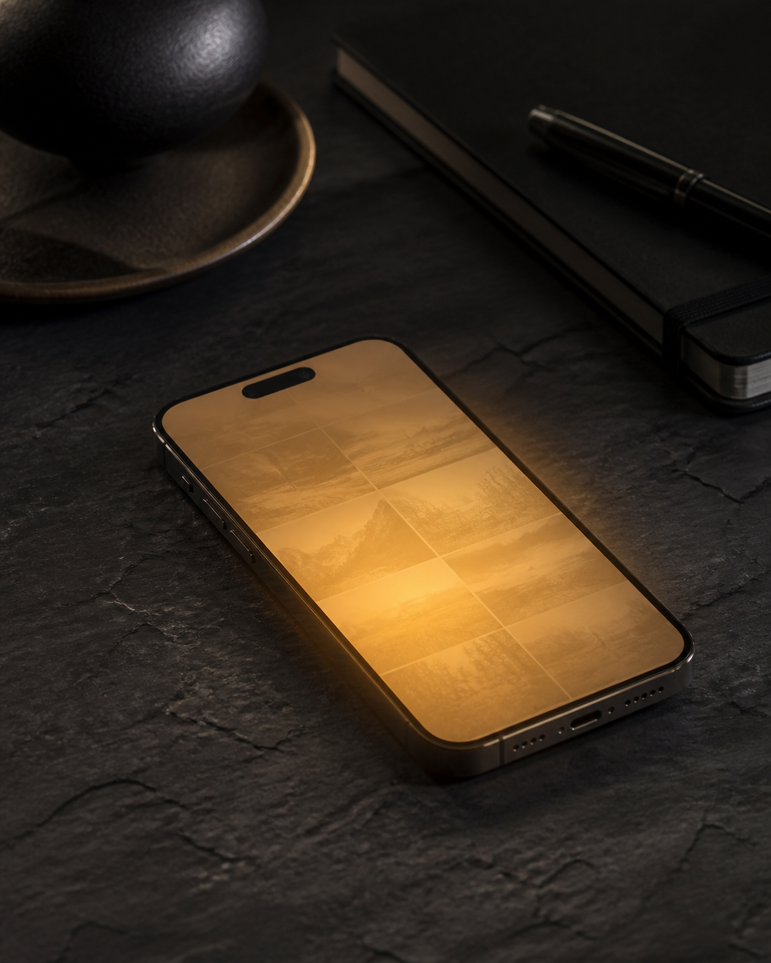 A sleek smartphone resting on a dark surface, emitting a soft, contained glow that illuminates abstract photographic elements inside its screen, while the backg