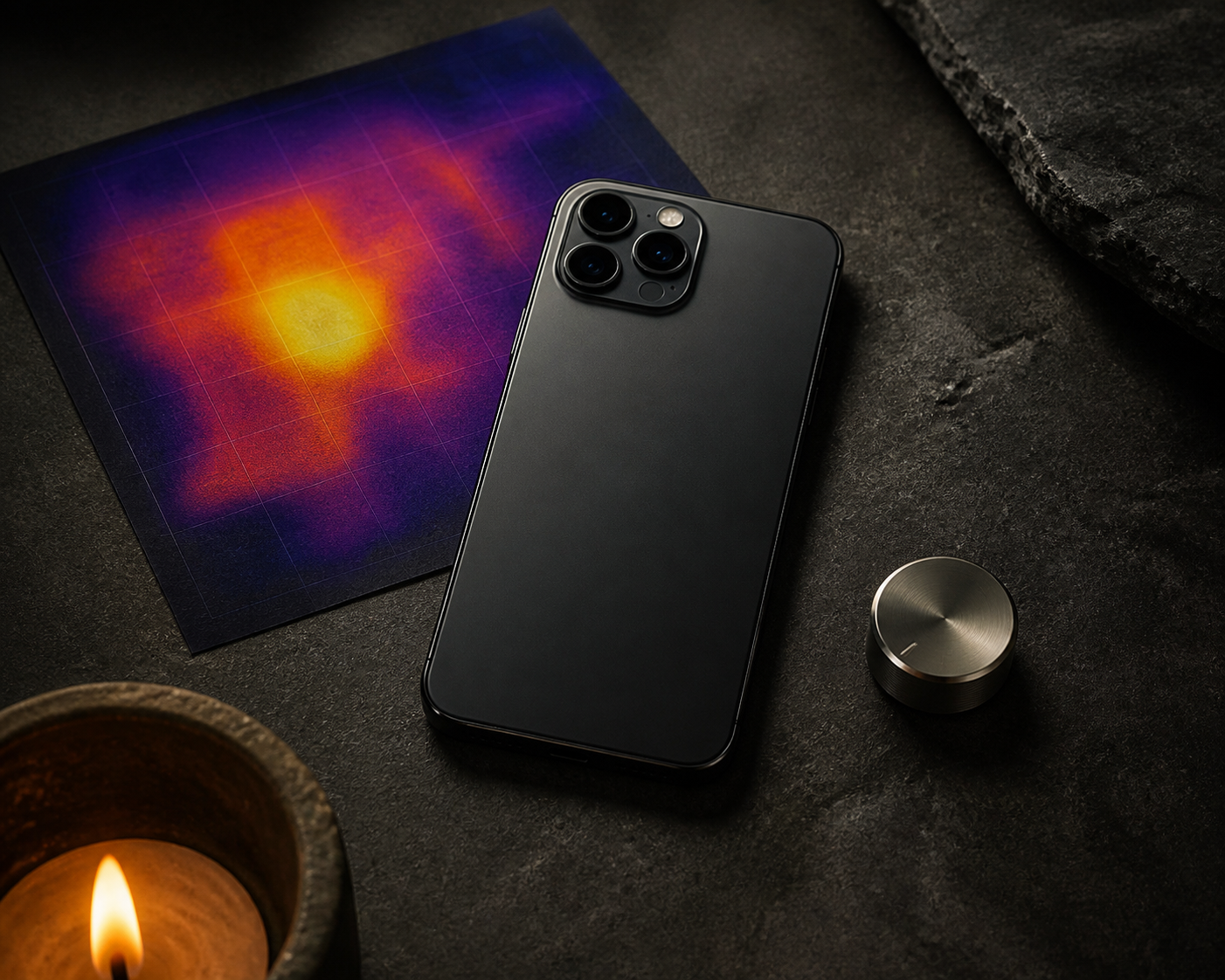 Smartphone on a textured stone slab under a spotlight, partially over an infrared grid, with a small flame and a tactile heat gauge indicating thermal trade-off