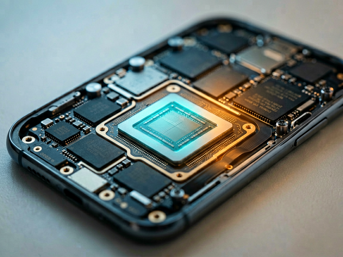 A close-up editorial shot of a smartphone motherboard with thermal imaging overlays, highlighting the balance between processing power and heat management.