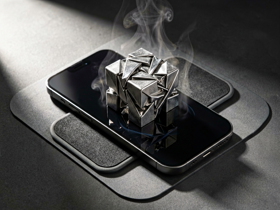 A smartphone on a heat-dissipating surface, with a dense, compressed metallic cube emerging from it, symbolizing a large AI model being packed into a mobile dev