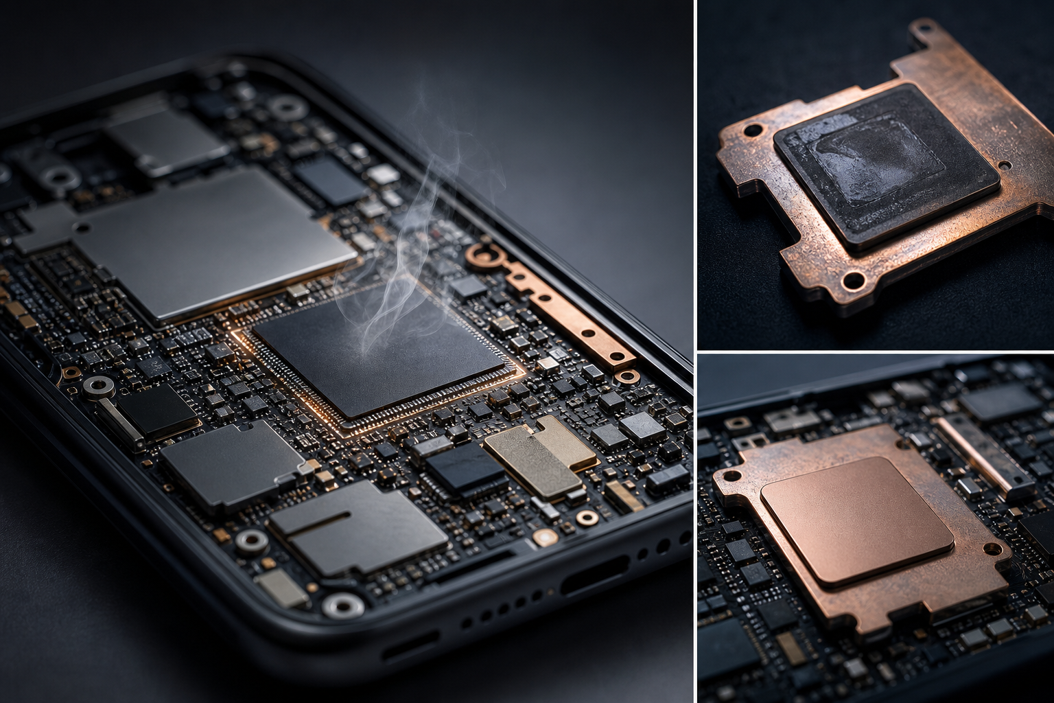 A smartphone chassis with internal components exposed, showing thermal stress and circuitry