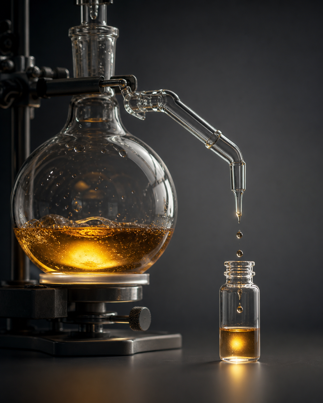 A conceptual editorial photo of a glass distillation setup refining a luminous liquid into a small vial.