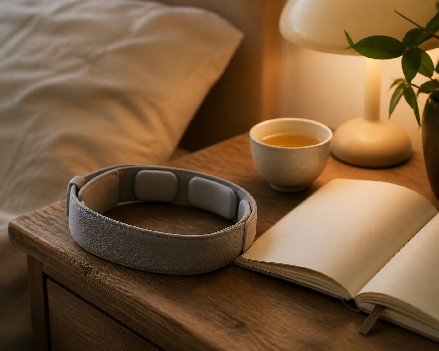 An EEG-style soft headband resting on a wooden bedside table beside a notebook and a small lamp, suggesting gentle at-home attention rather than clinical or spe