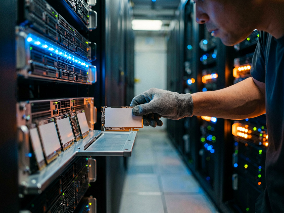 A technician inserting a blank GPU card into a server rack in a data center with blue and orange lighting, representing the pivot to domestic AI chips.
