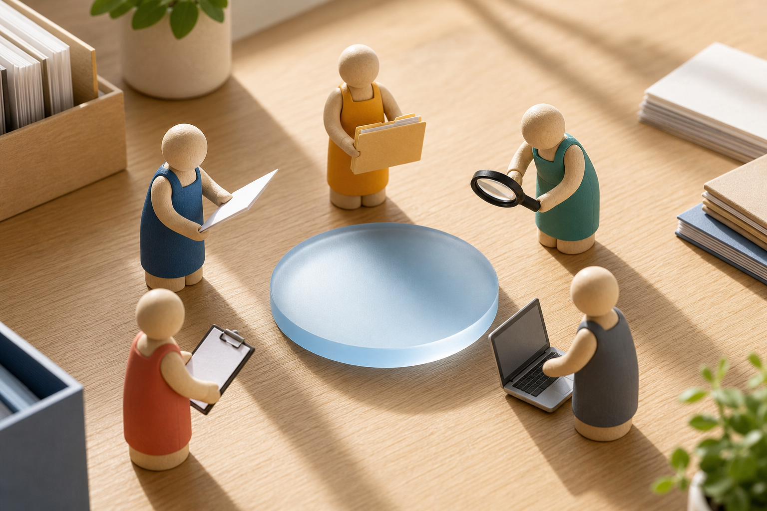 A row of small specialized figurine workers collaborating at a shared workstation around a glowing blue clipboard.