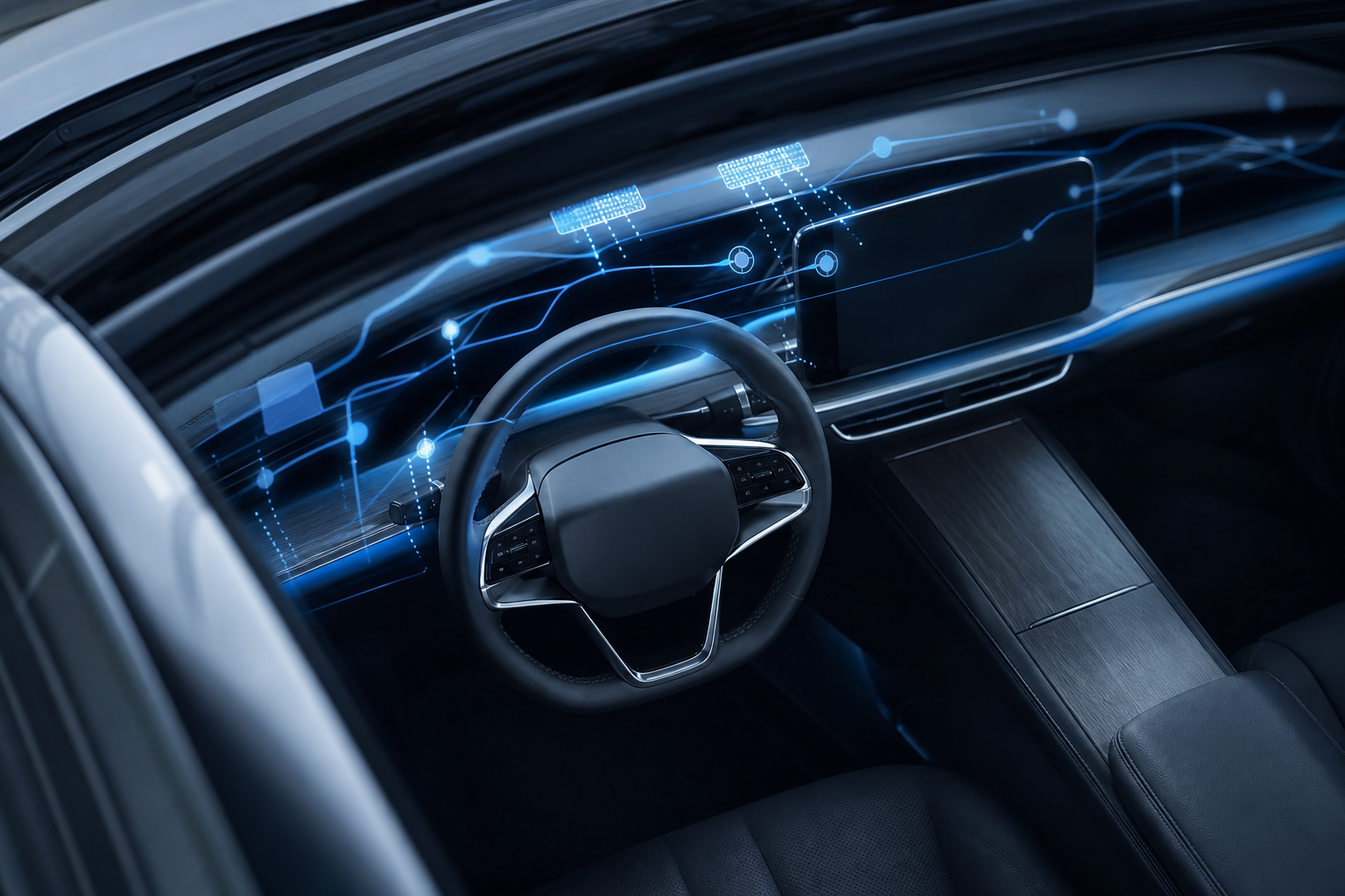 A split composition showing a driver's hand near a steering wheel on one side and a digital data stream on the other, symbolizing the transfer of control and li