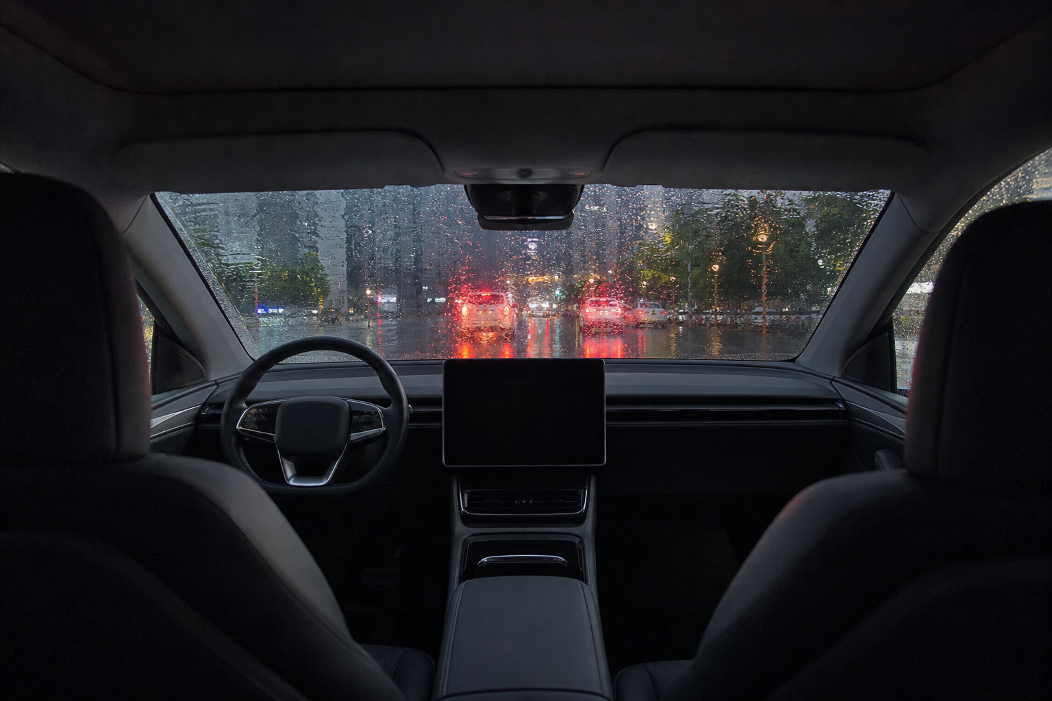 Driverless robotaxi driving through heavy summer rain on a wet urban street
