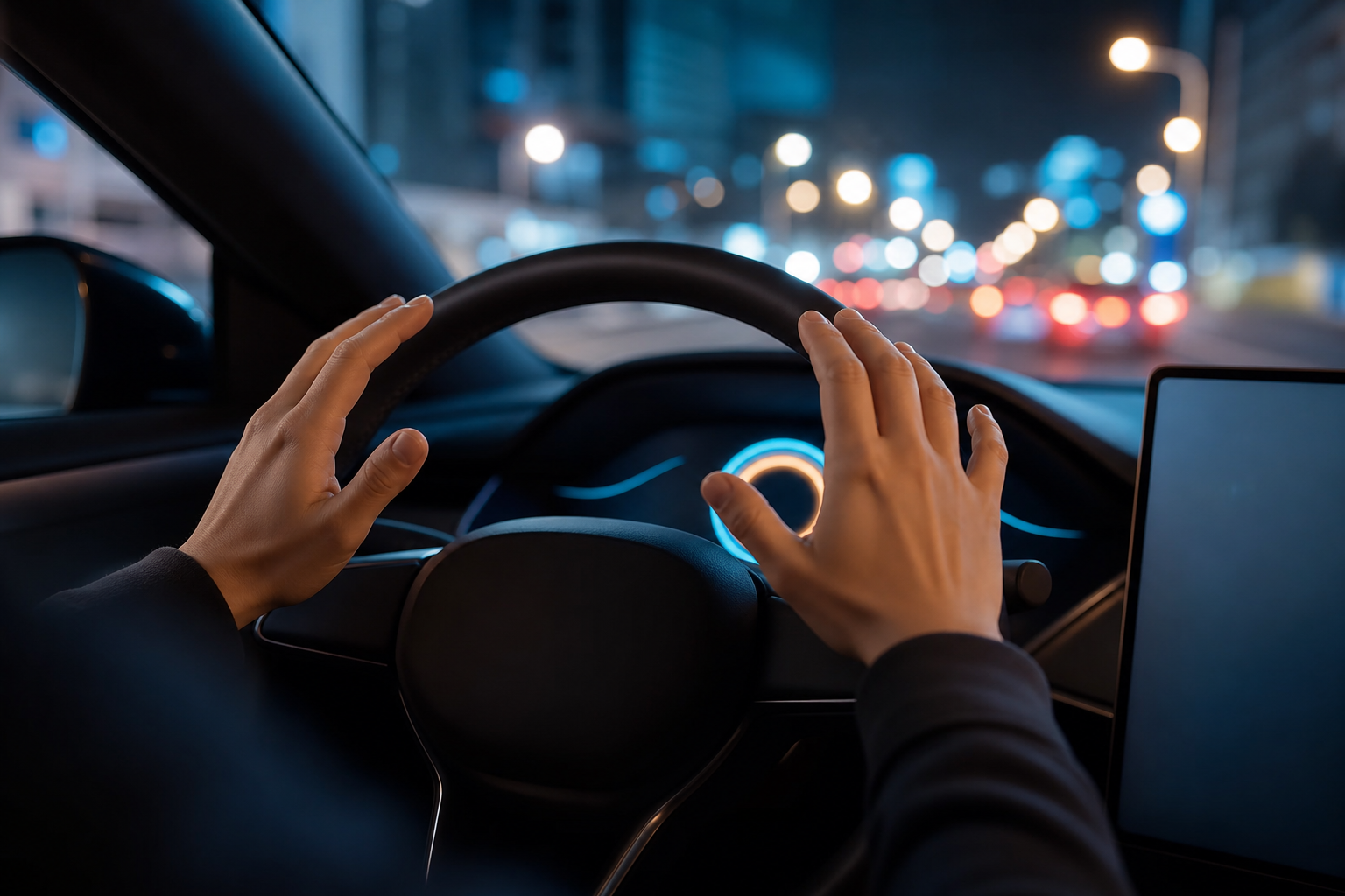 Driver's hands hovering over steering wheel during autonomous handover
