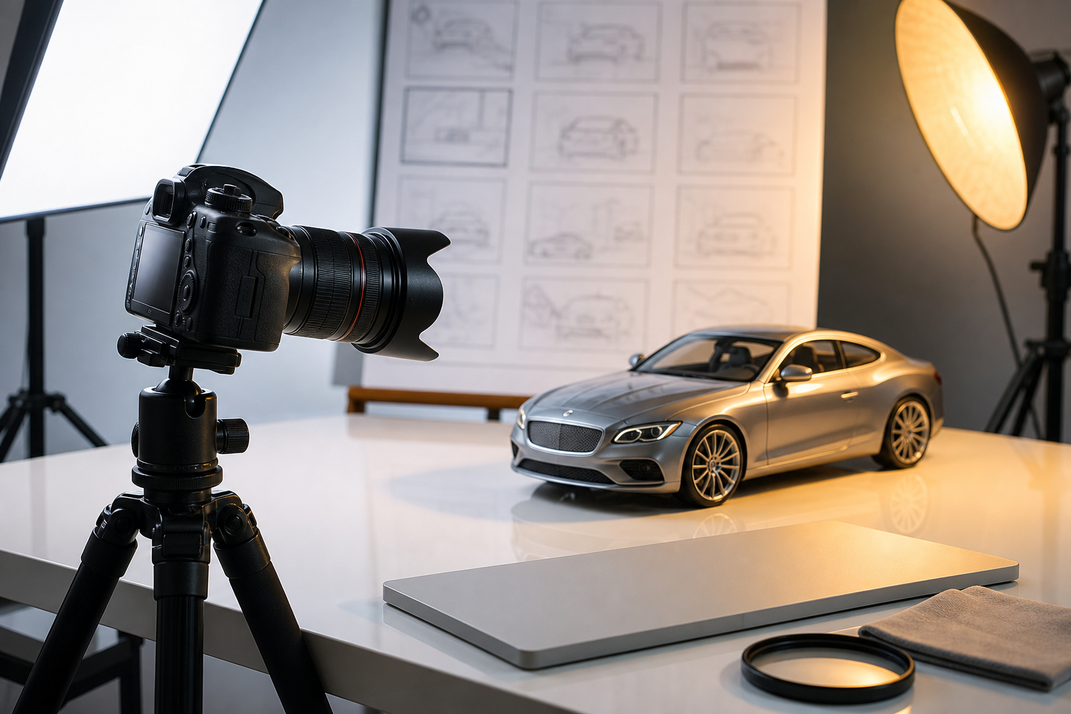 Studio setup for car ad production with camera and controlled lighting.