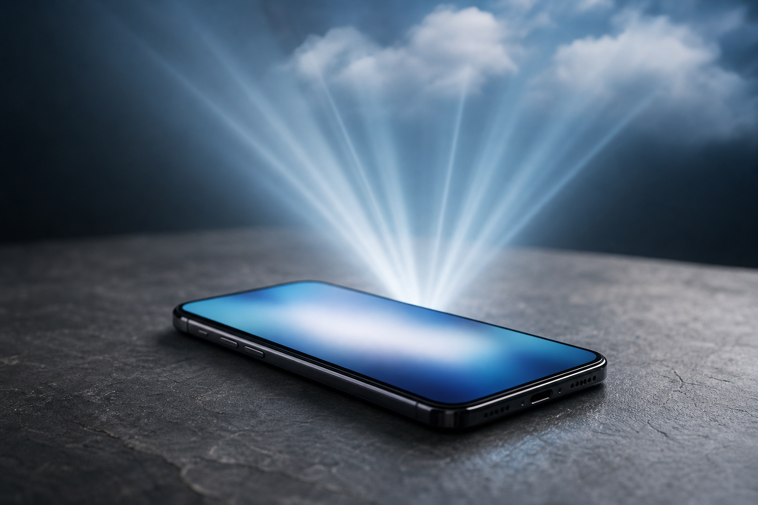 A split composition showing a smartphone screen with blurred interface elements on one side and a clean, abstract representation of data flow on the other.