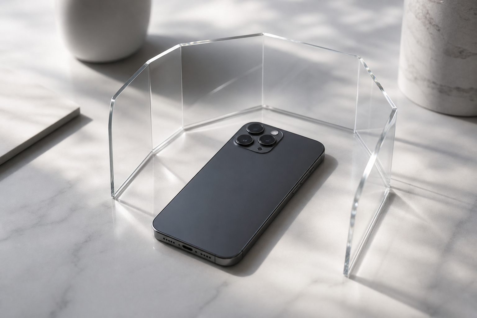 A sleek smartphone encased in a transparent protective shield on a minimalist desk