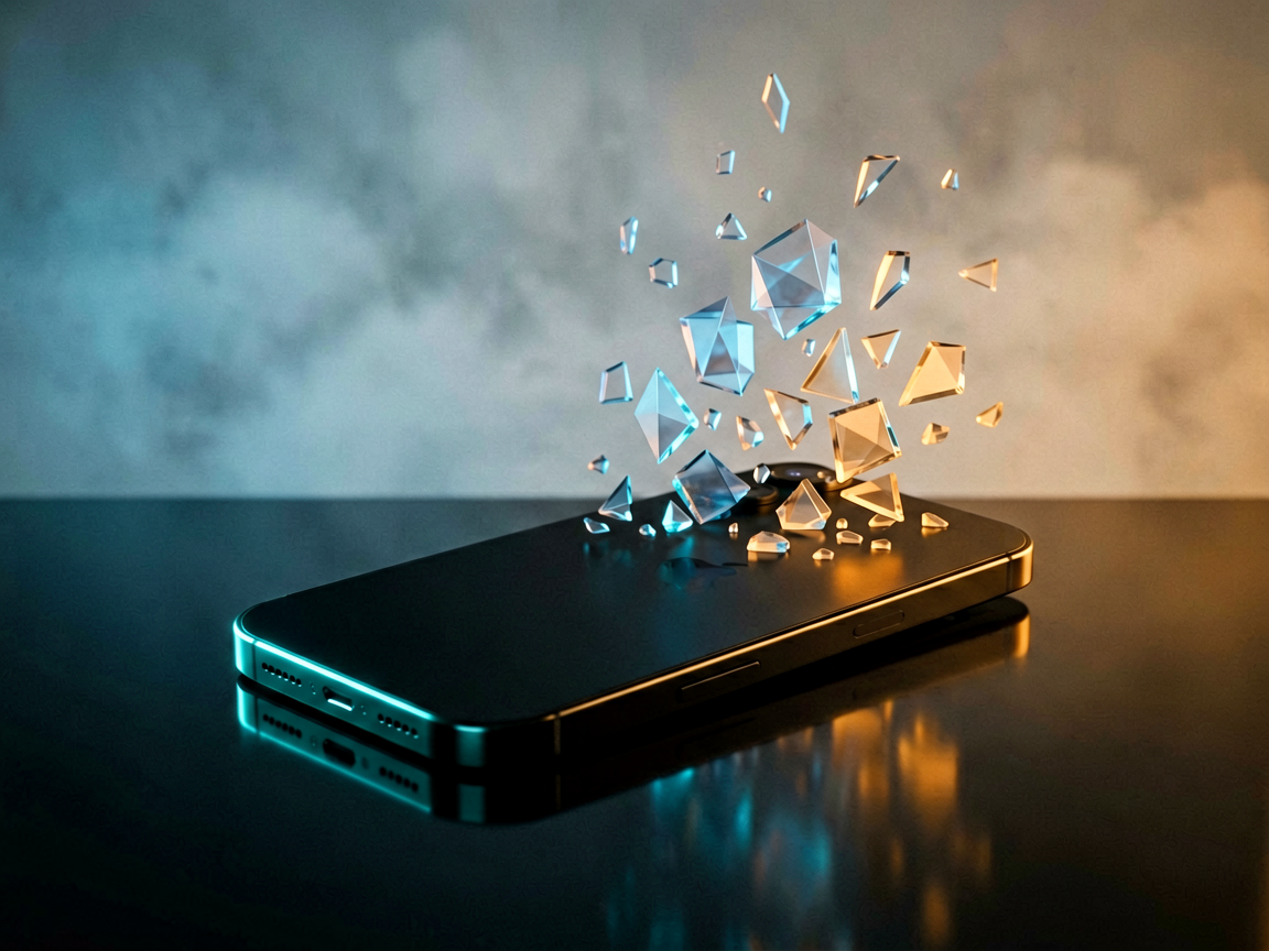 A sleek smartphone silhouette split between a solid base and dissolving digital particles, symbolizing hardware limits and cloud dependency.