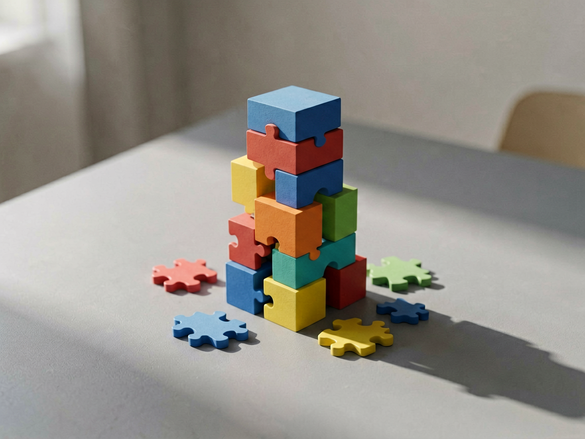 A precarious stack of mixed puzzle pieces on a desk