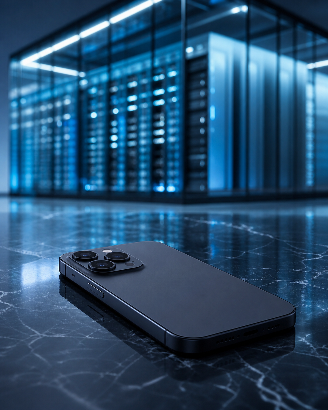 A minimalist composition showing a smartphone connected to a distant server tower, symbolizing cloud reliance.