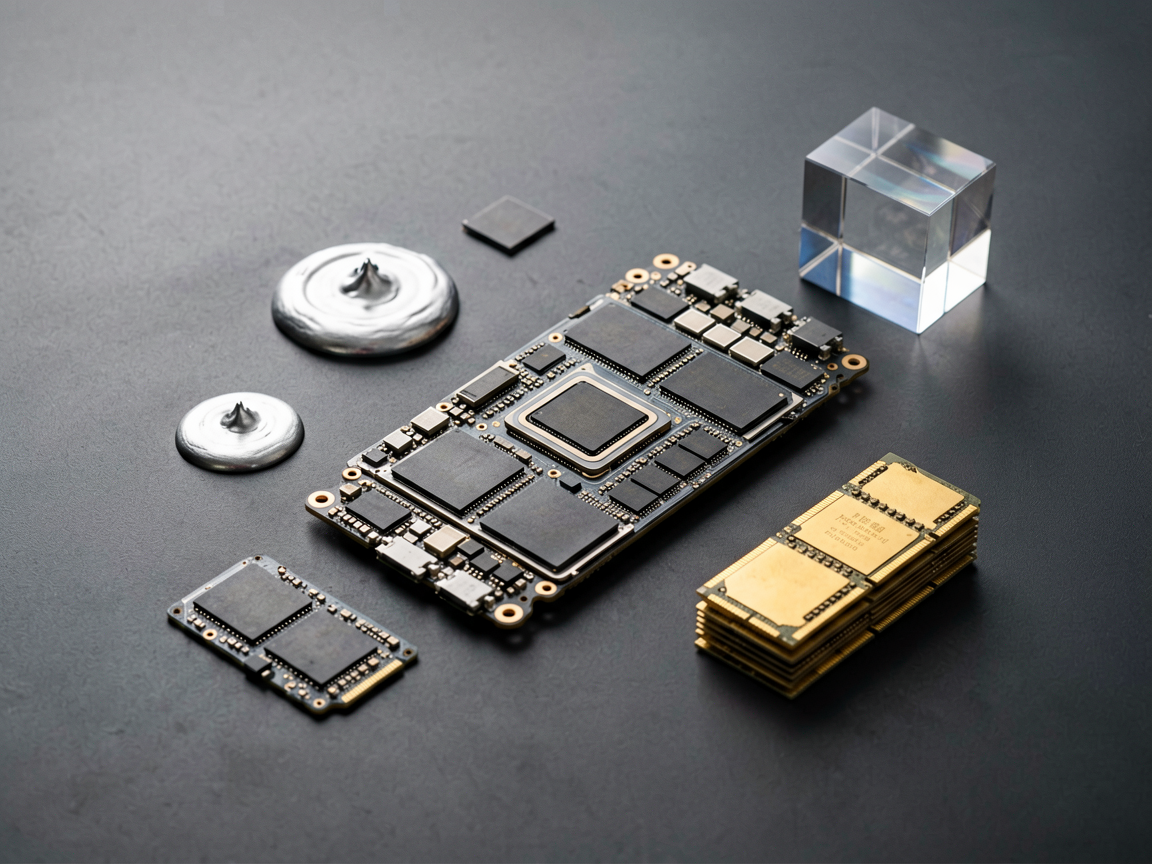 A conceptual editorial still life showing a smartphone chip surrounded by various physical elements representing memory, heat, and cloud connectivity.