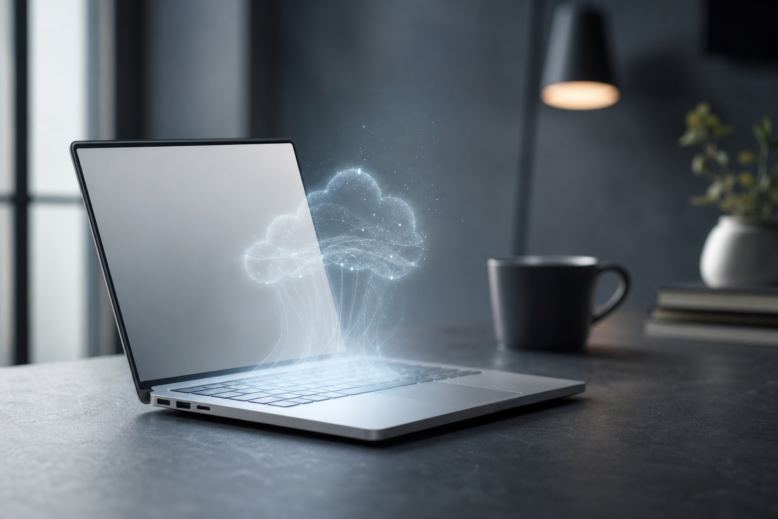 A minimalist studio shot of a sleek laptop with a soft, abstract glow emanating from its screen, symbolizing cloud-based AI processing.