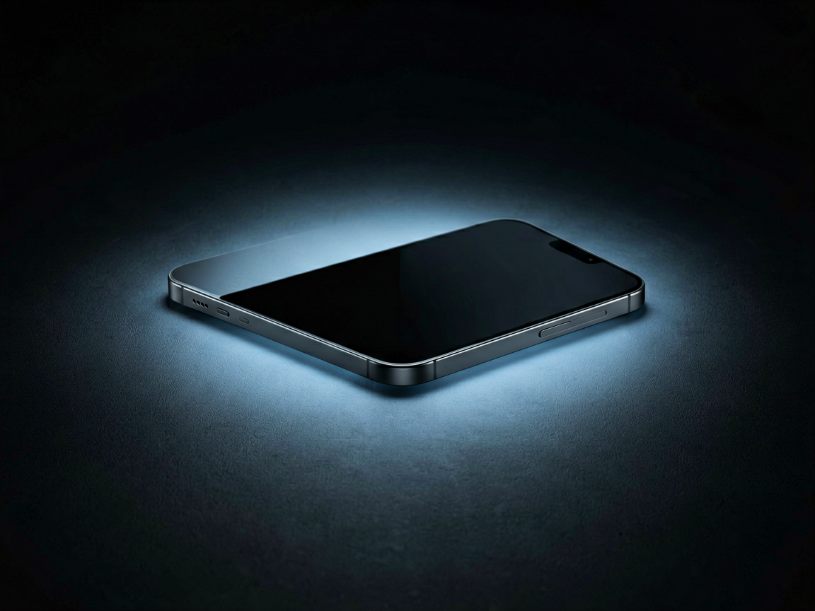 A sleek, modern smartphone resting on a dark surface, emitting a soft, contained blue glow that illuminates only the immediate area, symbolizing local data proc