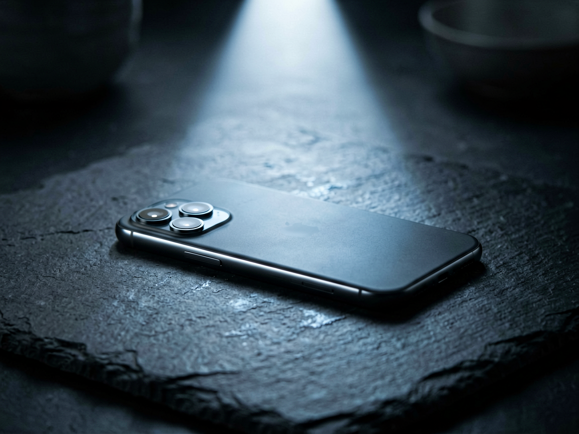 A sleek smartphone resting on a dark surface with soft, contained lighting representing local processing