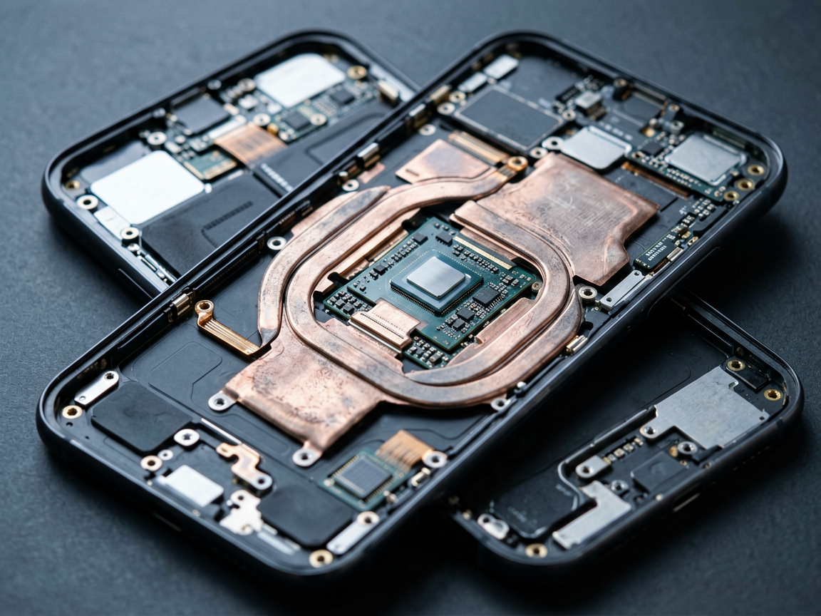 Close-up of a smartphone chassis with visible internal cooling components