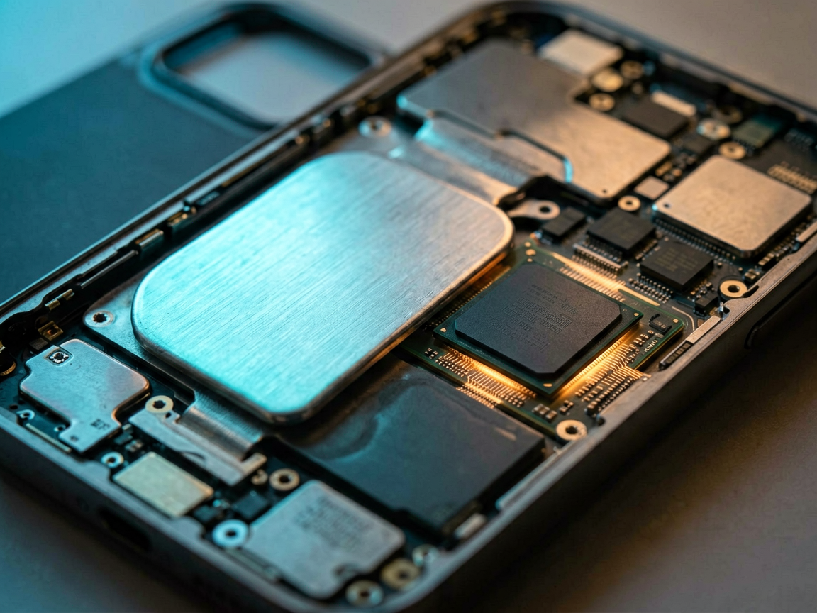 Close-up editorial shot of a sleek smartphone chassis with visible internal heat dissipation components