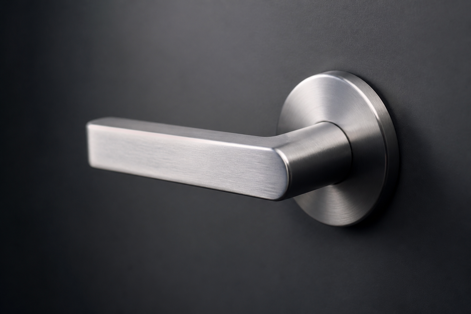 A sleek, minimalist door handle on a matte black surface representing controlled access
