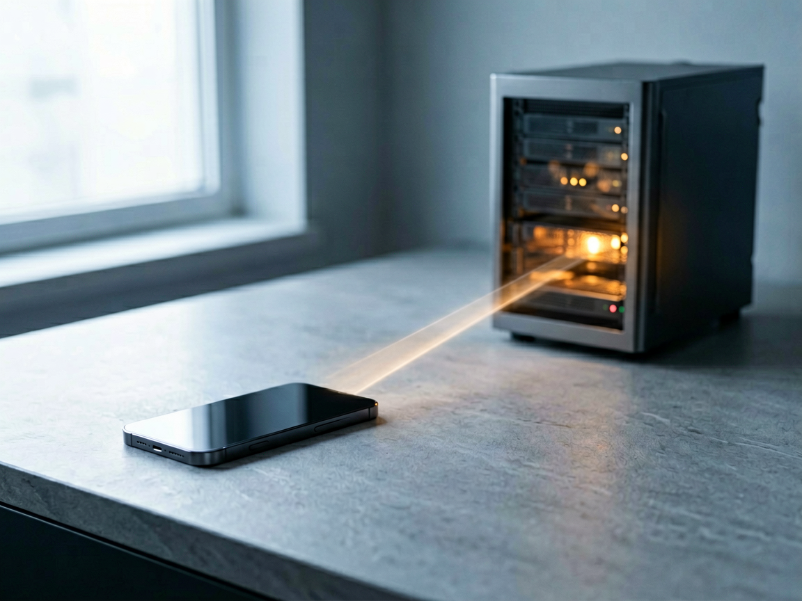 A split composition showing a sleek smartphone on one side and a distant server rack on the other, connected by a subtle light beam.