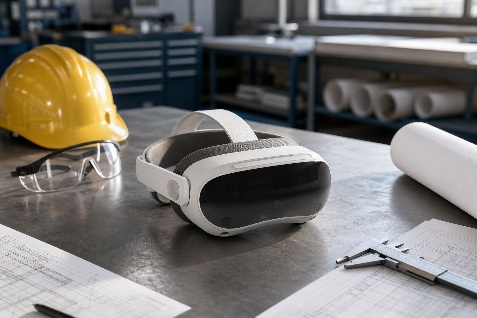 A futuristic VR headset resting on blueprints and safety gear on an industrial workbench.