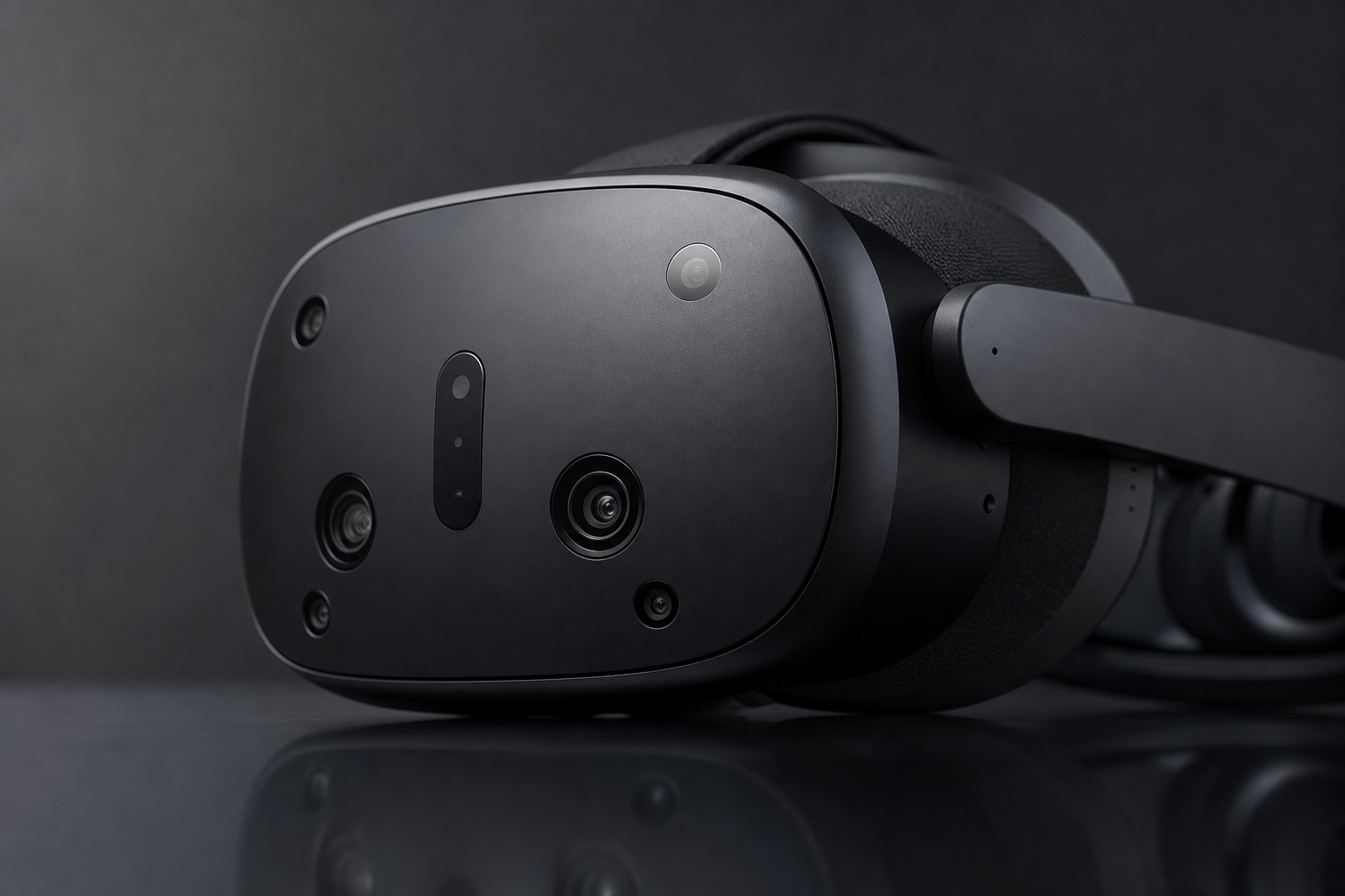 A close-up of a futuristic VR headset lens with a subtle, blurred reflection of an eye, set against a dark, moody background to represent high-tech latency issu