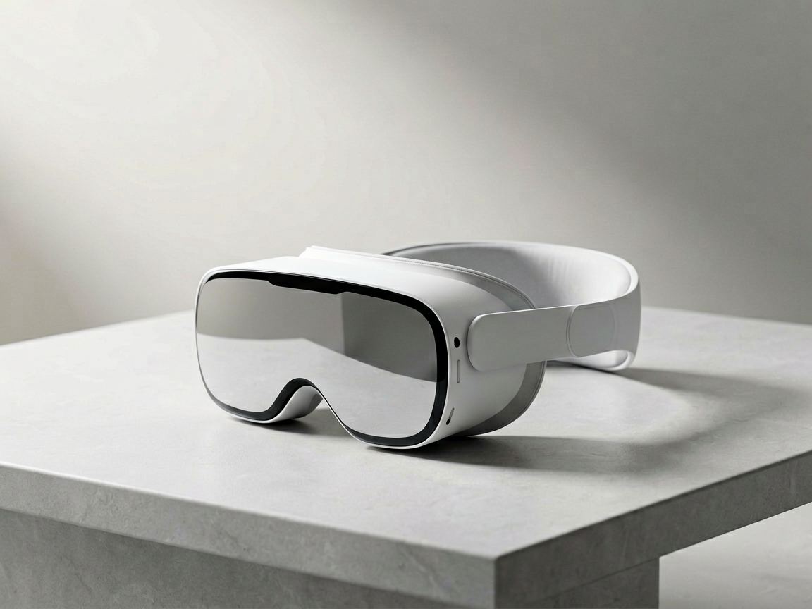 A minimalist editorial shot of a sleek, modern headset resting on a textured surface, bathed in soft, ambient light to symbolize advanced spatial computing and 