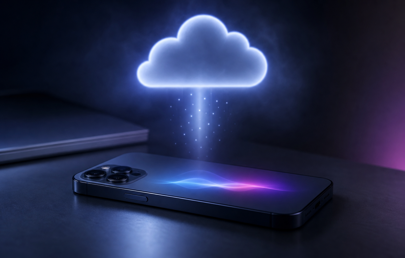 A smartphone on a desk displays abstract waveforms, with a glowing cloud silhouette above connected by a beam of light.