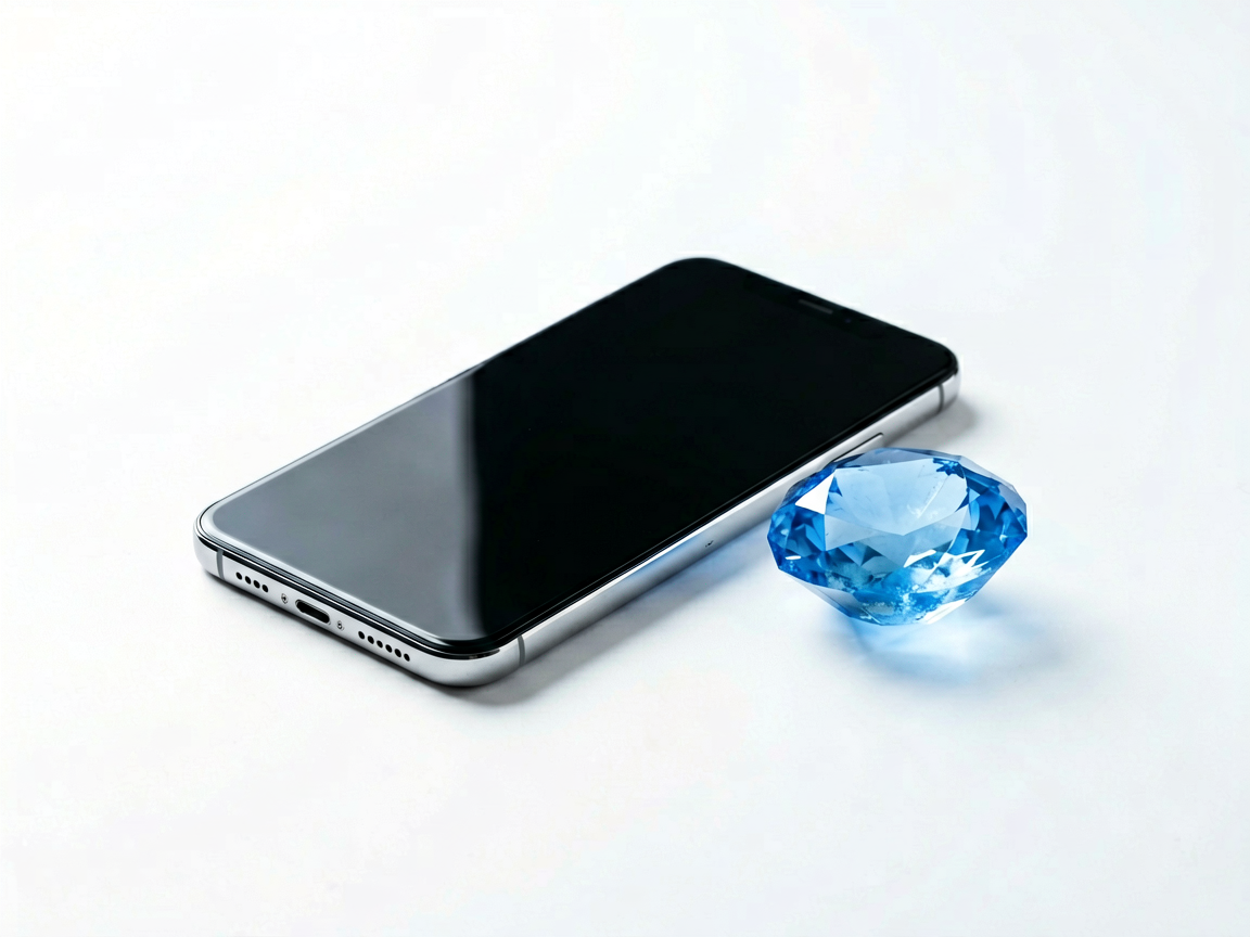 Minimalist silver smartphone next to a translucent blue gemstone on a white surface