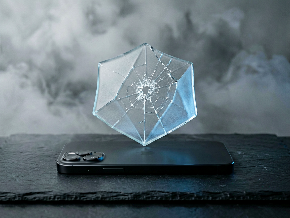 A conceptual editorial shot of a sleek smartphone resting on a dark surface, partially obscured by a translucent, fragmented geometric shield, symbolizing the t