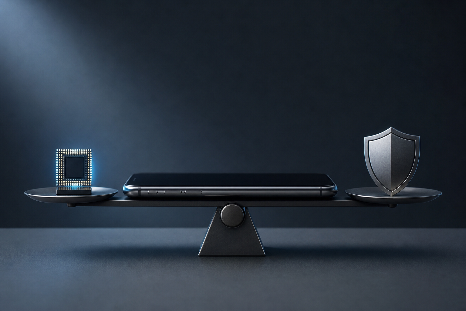 A smartphone on a scale, balancing a glowing chip and a privacy shield.