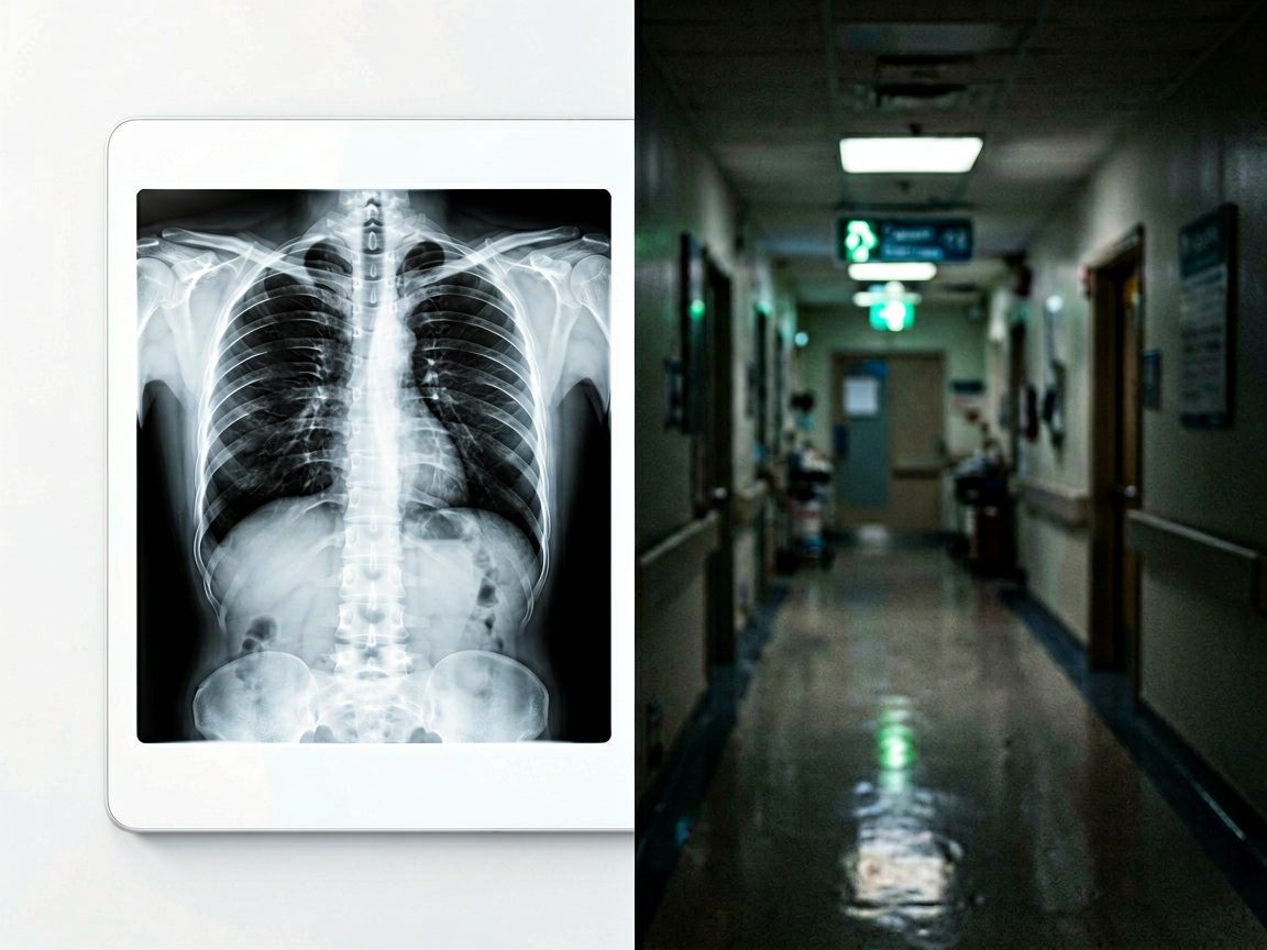 A split composition showing a pristine medical X-ray on one side and a chaotic, shadowed real-world scene on the other, symbolizing the disconnect between ideal