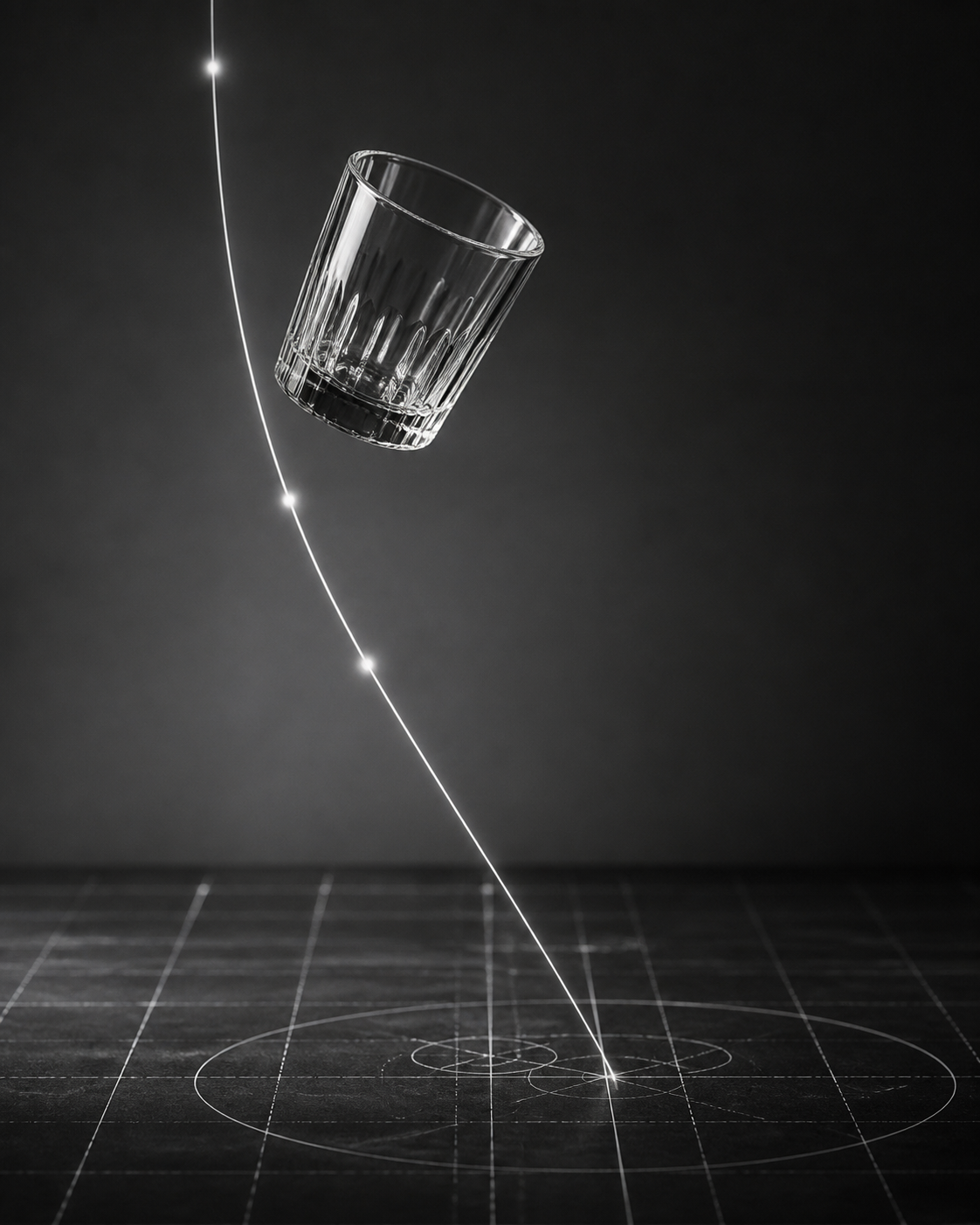 A glass cup frozen in mid-air falling toward a grid-patterned floor with a trajectory line.