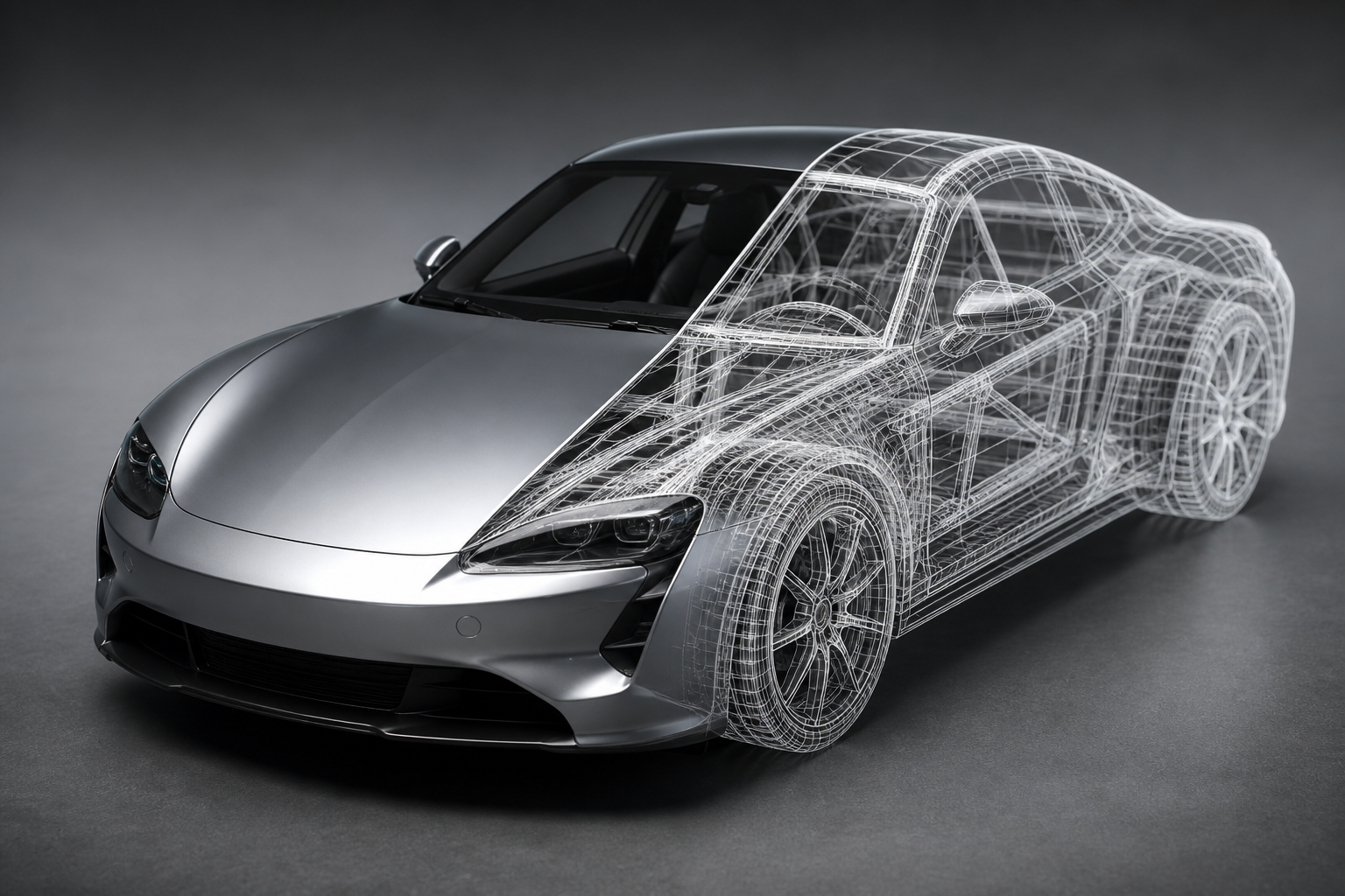 A conceptual image of a car transitioning from a realistic render to a 3D wireframe structure.